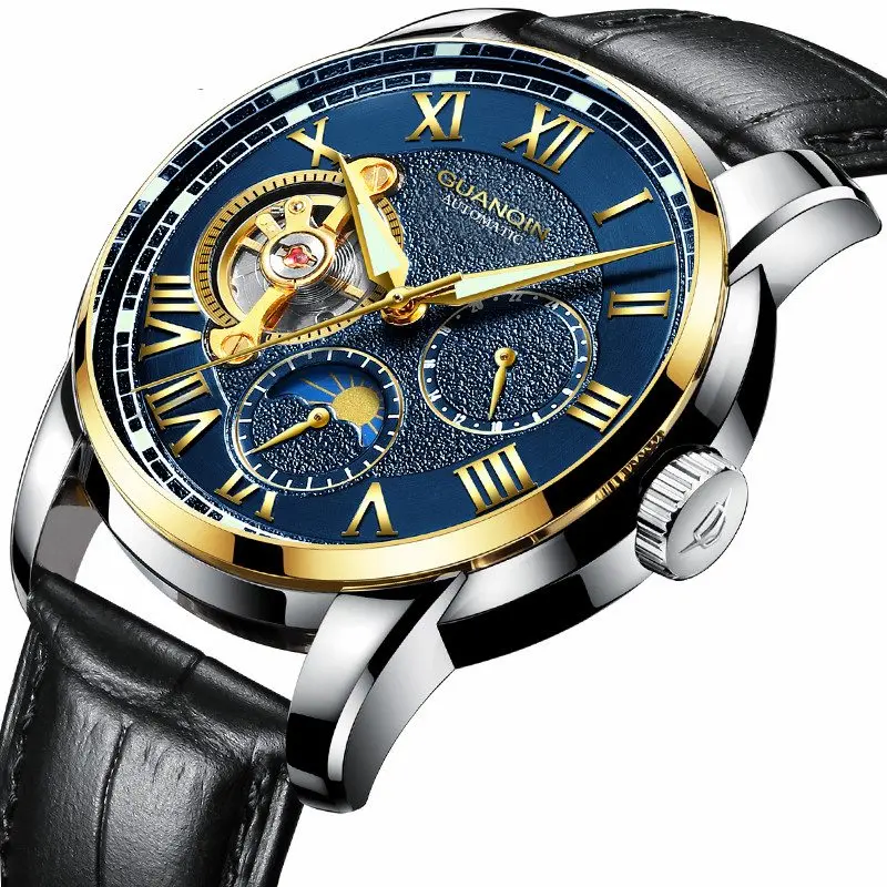 GUANQIN мужские часы Топ бренд класса люкс Tourbillon часы с скелетом мужские спортивные кожаные водонепроницаемые автоматические механические наручные часы - Цвет: Золотой