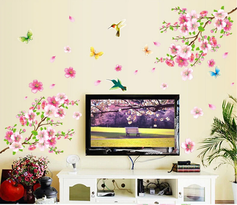 3D Розовый Вишневый цветок стикер на стену искусство домашний декор графические Цветы Лепестки дерево