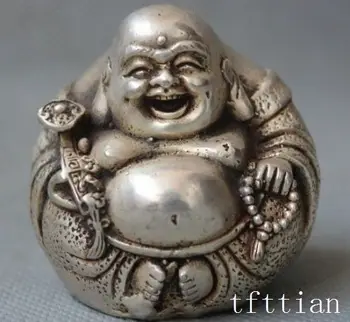 

Chinese Buddhism white copper happy Laugh Maitreya buddha ruyi lucky statue decoration metal handicraft