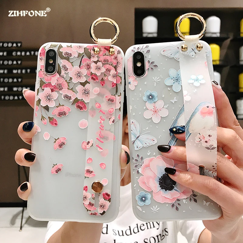 Fundas 3D Relief Flower Phone Case For Samsung Galaxy Note 9 Transparent Wrist Strap Cover On 8 Wristband Capa |
