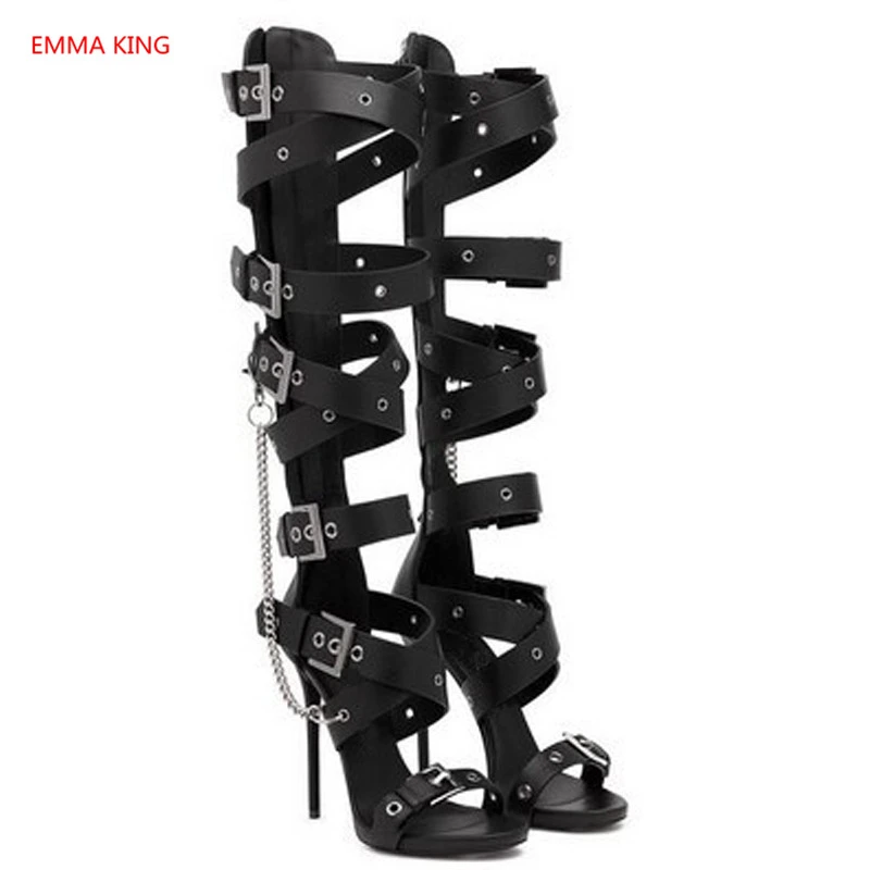 

Punk Style 2019 Women Summer Knee High Gladiator Sandals Boots Open Toe Buckle Chain High Heels Shoes Woman Black Roman Sandals