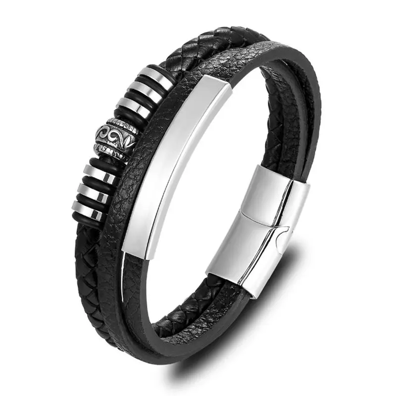 

Trendy Men Bracelets Black Braided Multilayer Rope Chain Leather Bracelet Fashion Stainless Steel Bracelet Bangles Birthday Gift