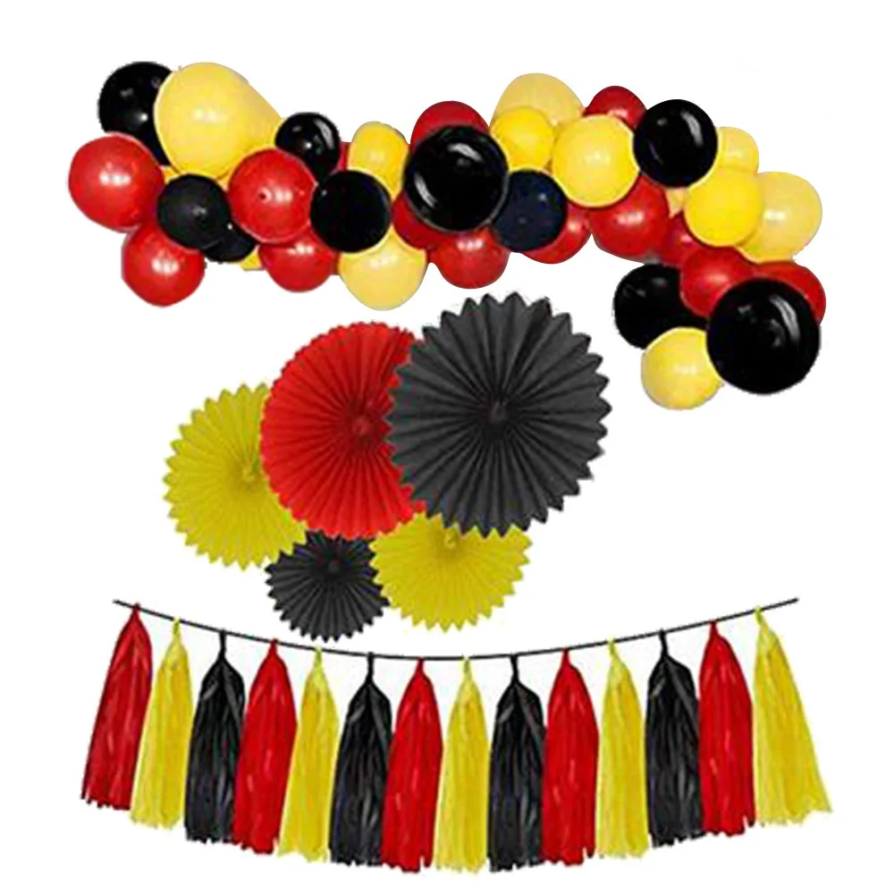

68Pcs Mickey Mouse Party Decor Kit, Tissue Paper Fan, Red Yellow and Black Tassel Garland Balloon for Kids Birthday Decor