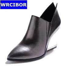 2017 Women Pumps Silver Genuine leather Pointed toe High heels Casual shoes Lady Fashion wedges high-heeled shoes Single shoes