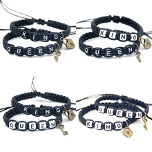 2 pcs/par casal pulseiras legal preto rei e rainha com chave de bloqueio corda cadeias amantes presentes artesanal charme pulseiras acessórios