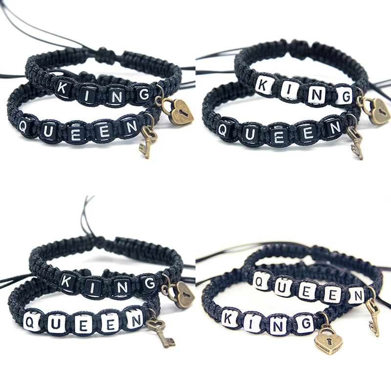 2pcs/pair Couple Bracelets Cool Black King And Queen With Key Lock Rope Chains Lovers Gifts Handmade Charm Bracelets Accessories 2pcs/pair Couple Bracelets Cool Black King And Queen With Key Lock Rope Chains Lovers Gifts Handmade Charm Bracelets Accessories