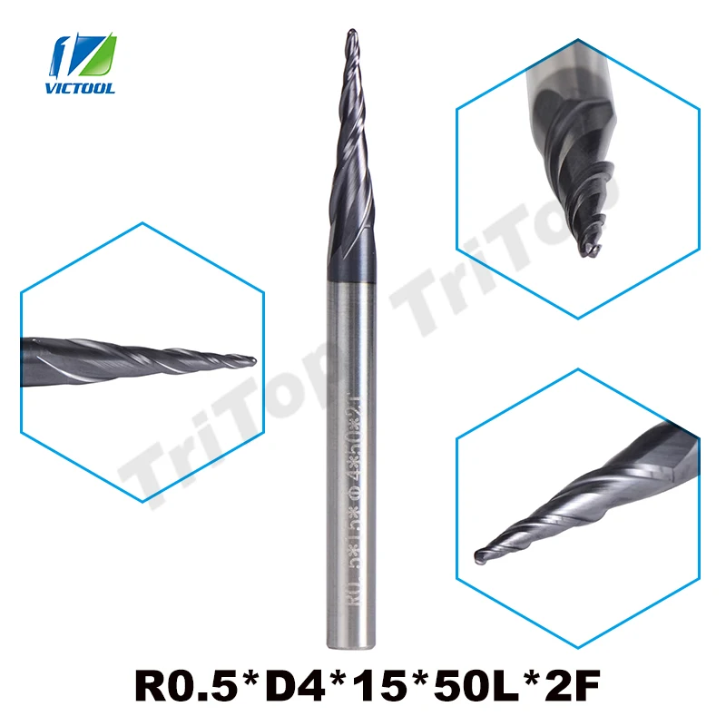 5pcs/lot R0.5*d4*15*50l*2f Hrc55 Tungsten Solid Carbide Coated Tapered