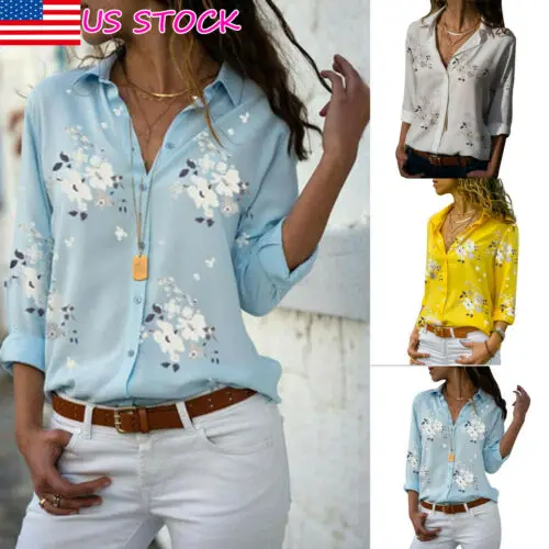 

Plus Size Women's Long Sleeve V-neck Lapel Loose Floral Print Shirts Tops Office Lady Summer Casual Daily-work Clothing S-5XL