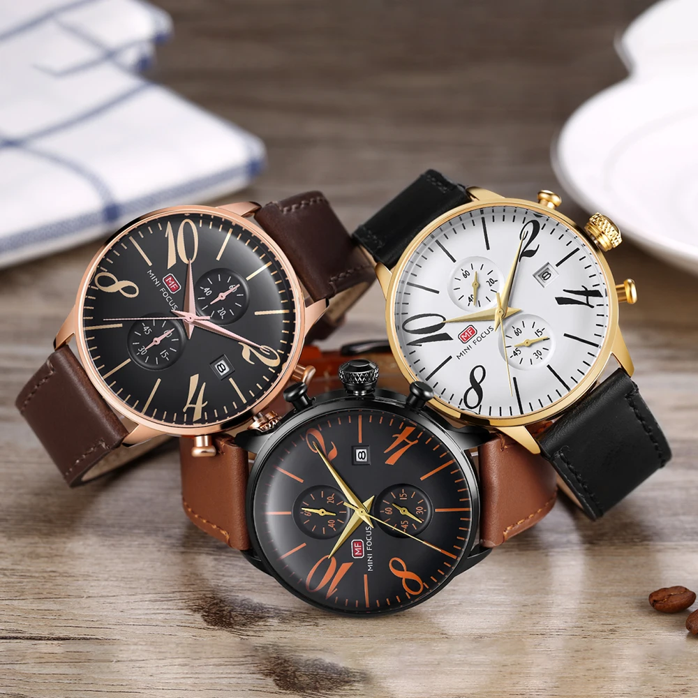 MINI FOCUS – montre de marque en cuir véritable pour hommes, horloge à Quartz, étanche, chronographe, affichage de la Date