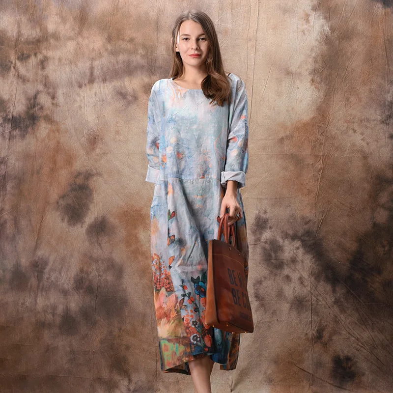 

Johnature Women Floral Dress Vintage Cotton Linen High Quality 2019 Spring Long Sleeve O-neck Chinese Style A-Line Dress Women