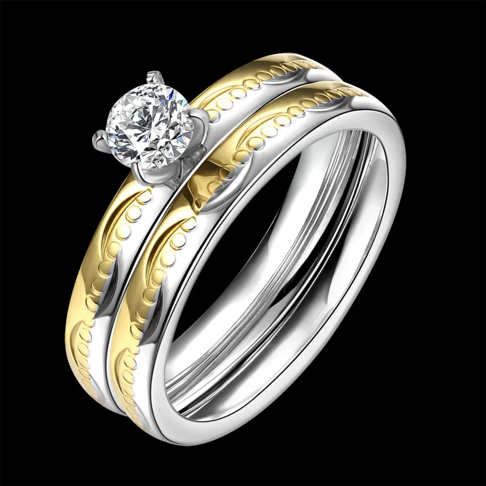 Stainless Steel Rings For Women 2 Piece A Set Titanium Steel Ring Gold Color Double Row With AAA
