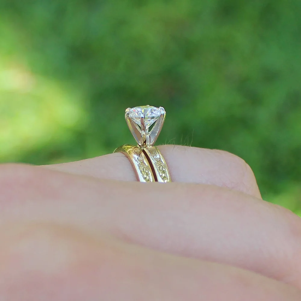 女性用14kイエローゴールド婚約指輪,0.5ct 5mm,モアッサナイト,実験室で育てられたダイヤモンド,結婚指輪のセット