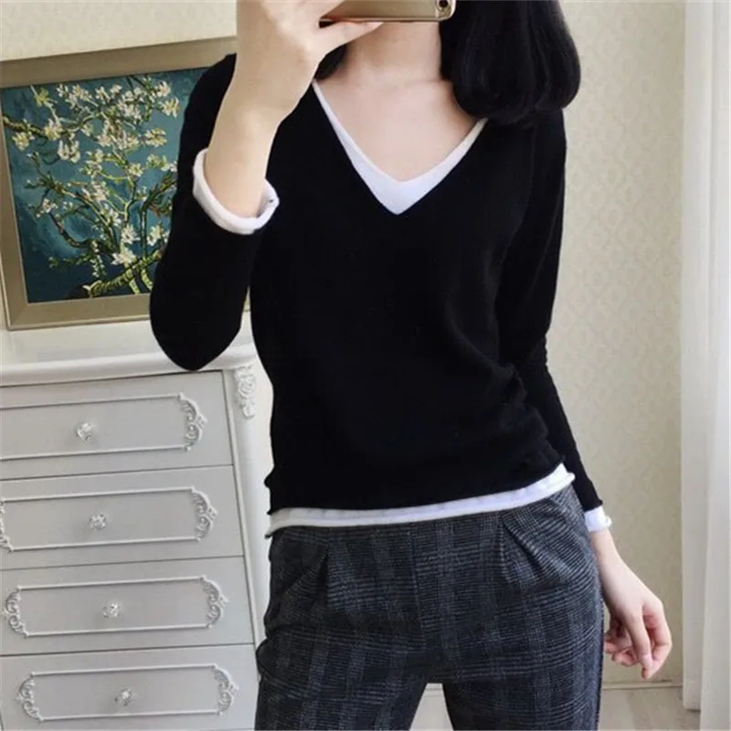 LHZSYY Spring Autumn New Women's V-Neck Cashmere sweater Fashion Stitching Bottoming Shirt Knit Pullover Wool Wild Warm Sweater