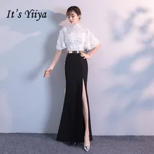 Это YiiYa вечернее платье белое черное пэтчворное платье длиной до пола на молнии с разрезом труба Формальные платья XH014 robe de soiree