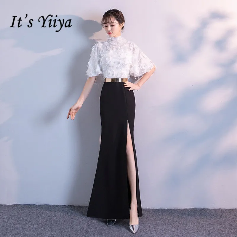 

It's YiiYa Evening Dress 2019 White Black Patchwor Floor-length Zipper Split Trumpet Formal Gowns XH014 robe de soiree