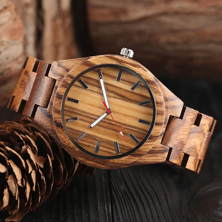 Mens Creative Zebra Natural Wood Watches White and Red Hands Quartz Wristwatches Male Full Bamboo Sports Clock erkek kol saati (9)
