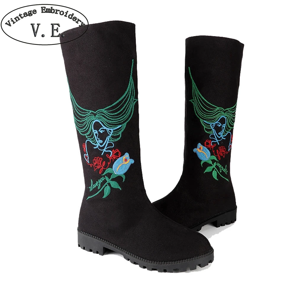 

Vintage Embroidery Fashion Women Winter Boots Ladies Casual Canvas Flats Ethnic Style Embroidered Knee High Boots Bota Feminina