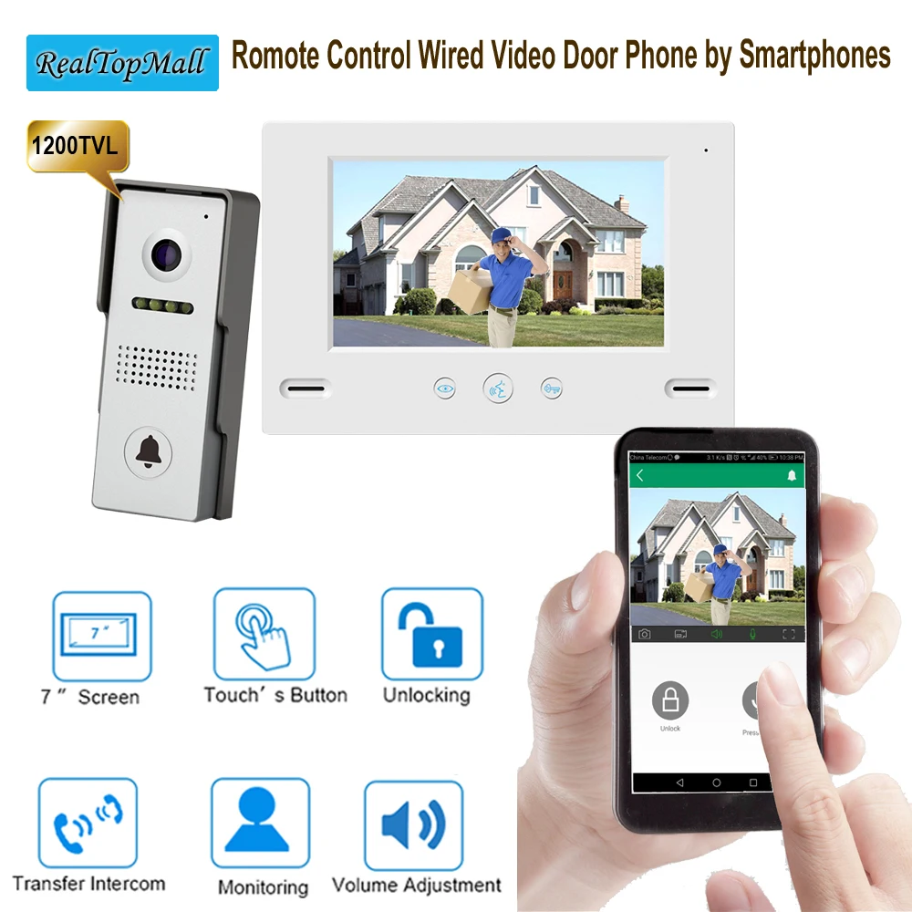 

7" inch Touch Button Video Intercom Video Door Phone 1200 TVLine Outdoor Camera for Home remote controlled by Smartphones