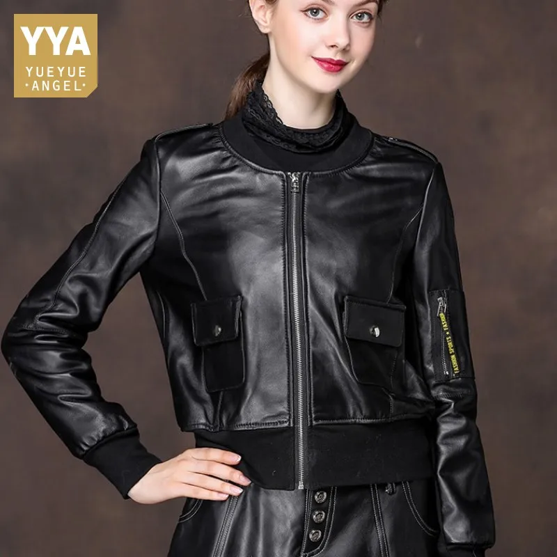 

2019 New Women Sheepskin Genuine Leather Bomber Jacket Short Style Moto Biker Female Leather Coat Slim Fit Outwear Autumn Jacket