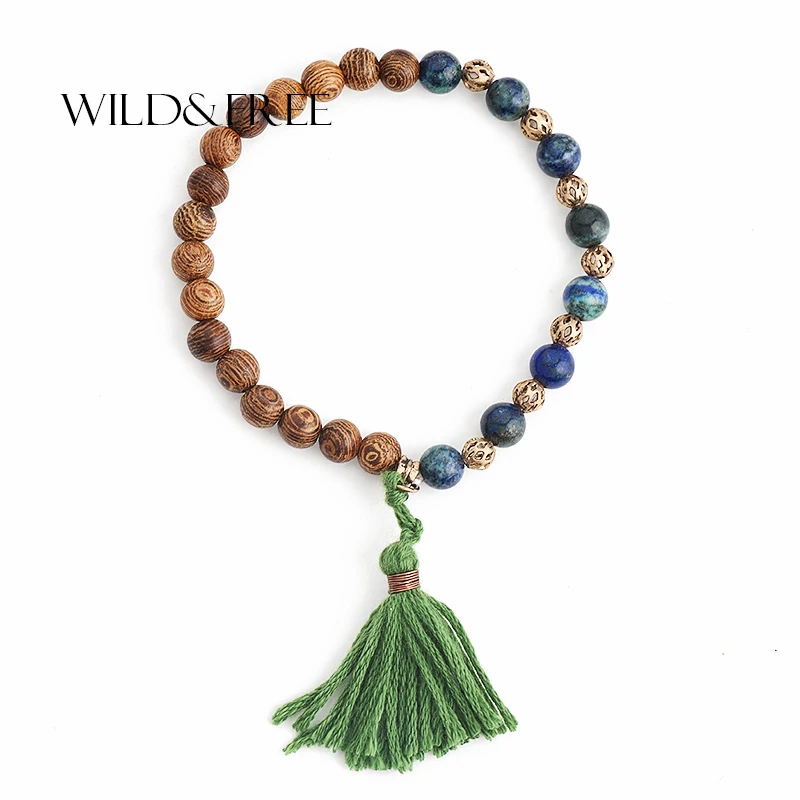 

Wild&Free Popular Bohemia Stretch Bracelet For Women Texture Wood Beads&Lapis Tassels Charms Bracelets & Bangle Fashion Jewelry