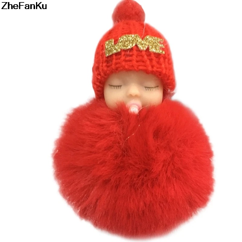 

Sleeping Baby Doll Keychain Nipple Doll Pompom Keychains Fake Rabbit Fur Ball Key Chain Pendant Nipple Baby Keychain Car Keyring