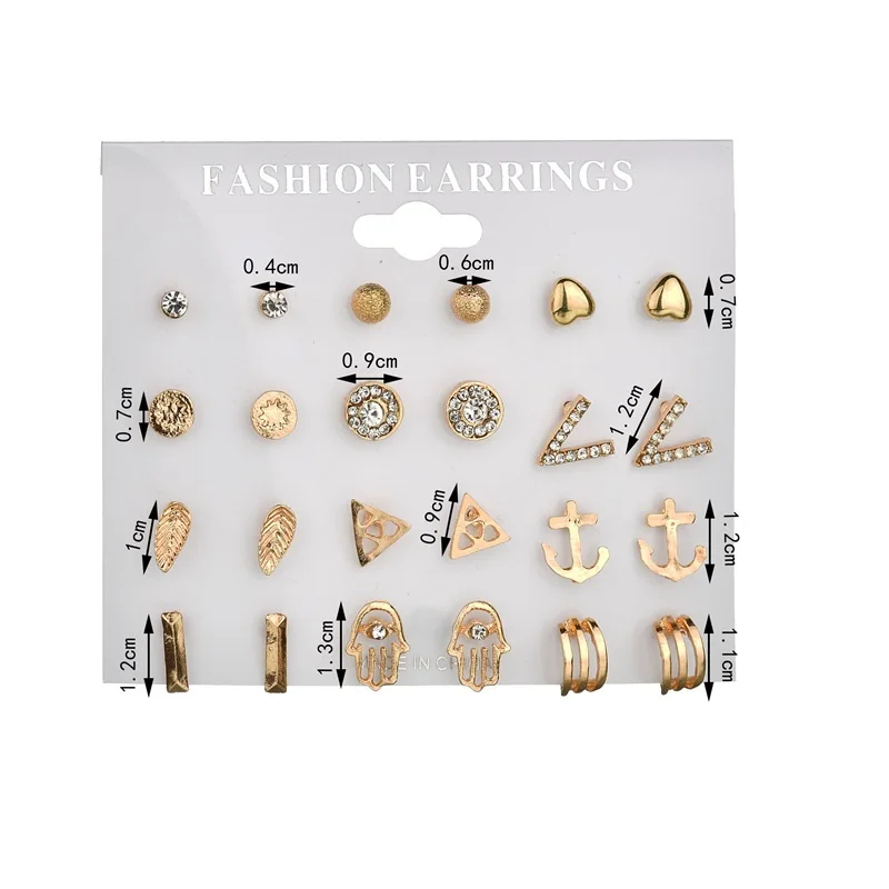

12 pairs/set super value Exquisite fashion Heart Triangle Fatima hand Leaf charm crystal OL Stud Earring Set Women