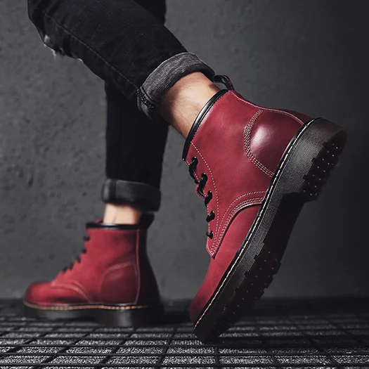 Водонепроницаемые осенне-осенние дизайнерские армейские винтажные мотоциклетные ботинки военные зимние военные ботинки модные корейские мужские замшевые ботинки на меху - Цвет: red leather