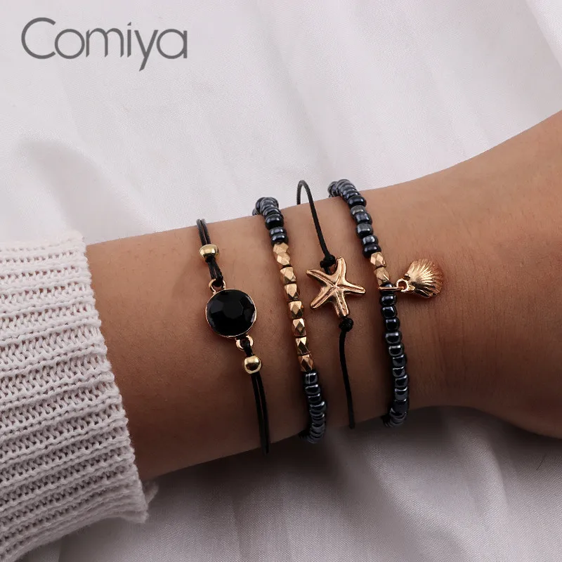

Comiya Zinc Alloy Leather Bracelets Sets For Women Shell Seastar Charms Korean Bracelet Links Chain Leaves Beads Feminina Bijoux