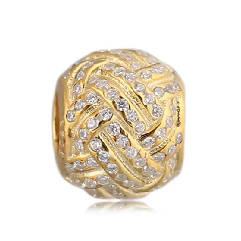 

New 925 Sterling Silver Bead Charm Gold Color Shine Sparkling Love Knot With Full Crystal Bead Fit Pandora Bracelet Diy Jewelry