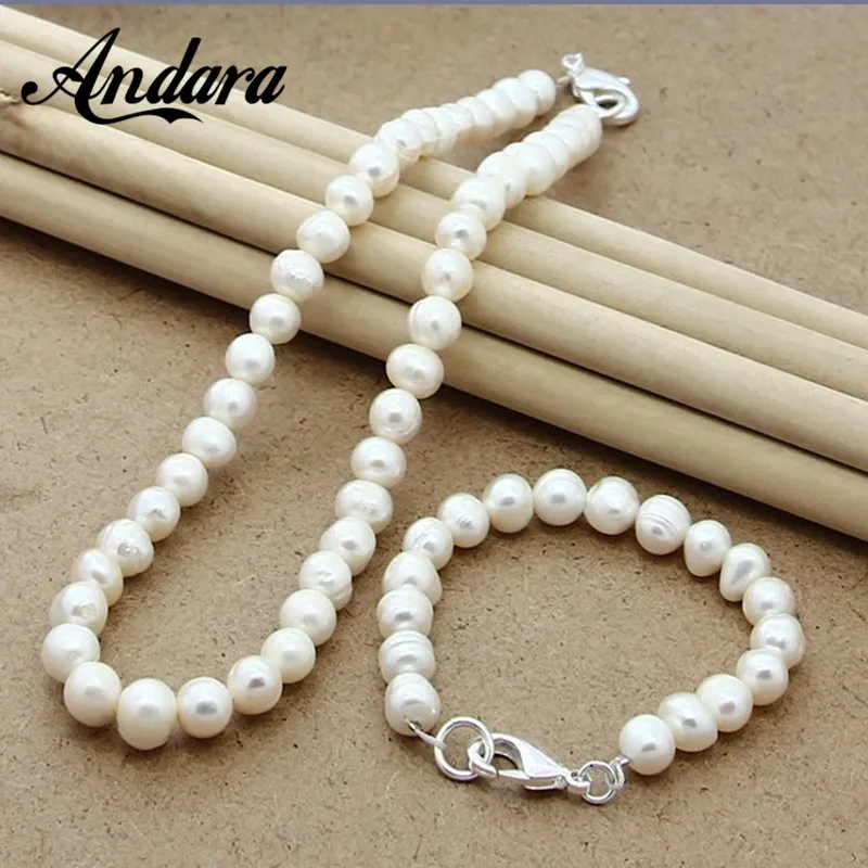

Bridal Jewelry Sets 925 Sterling Silver 8-9mm Natural Pearl Necklace Bracelet Fashion Charm Jewelry Set