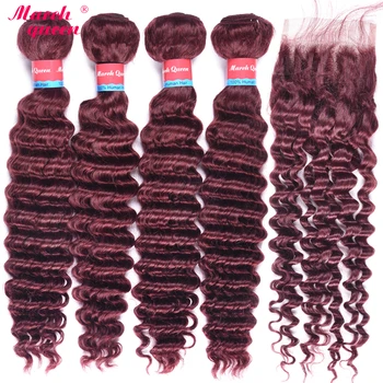 

March Queen #99J Malaysian Deep Wave Bundles With Closure Red Wine Color Human Hair Curly 4 Bundles With Lace Closure Free Part