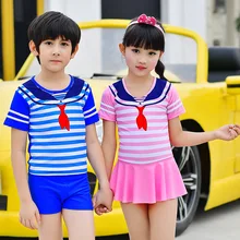 Rashguard/детский купальный костюм для маленьких мальчиков, бикини, купальный костюм для новых купальников, темно-синяя футболка для мальчиков, полосатая раздельная юбка для девочек