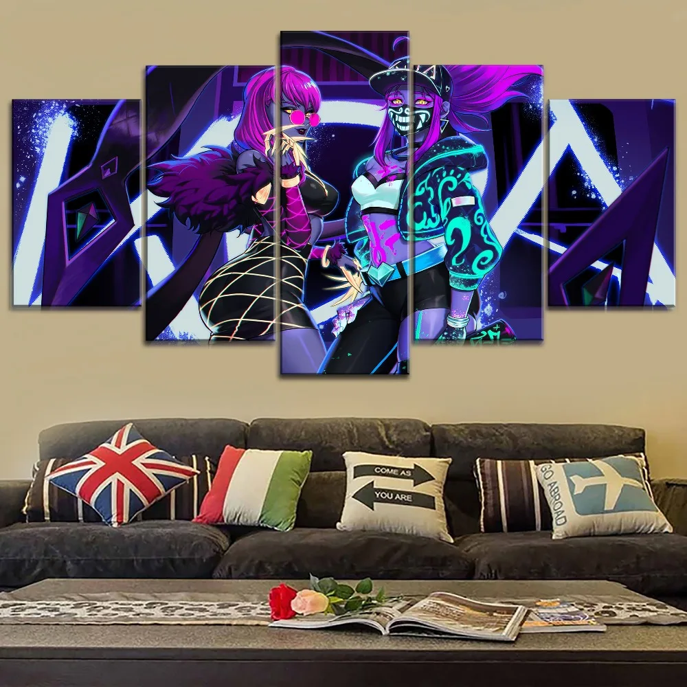

Framed 5 Piece Canvas Printing Modular Picture Game League of Legends Kda Evelynn Akali Neon Poster Type Home Decor Wall Artwork