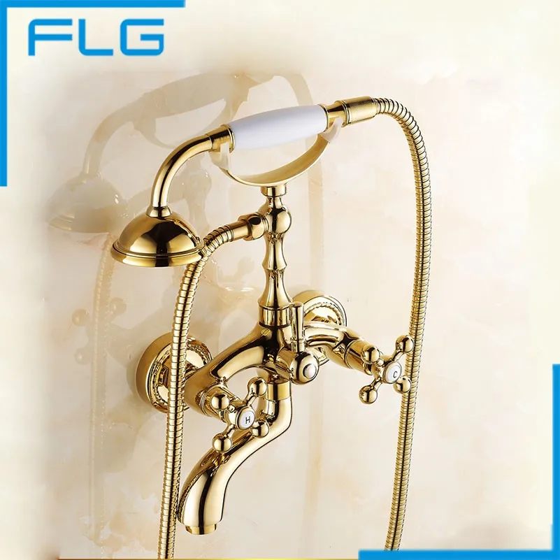 Gold Wall Mounted Bath Hand Shower Set, Brass Bathroom Dual Handles