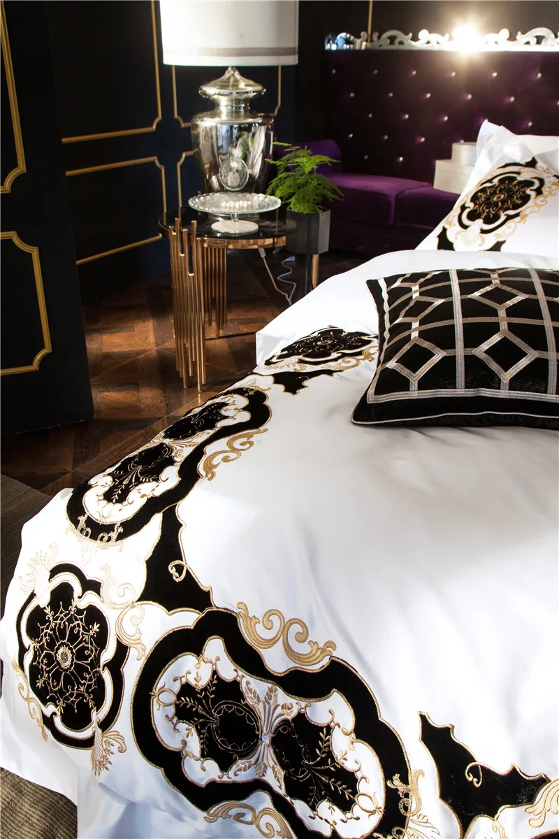 Waliicorners 100S Egyptian Cotton White Embroidery Luxury Bedding Set 4/6Pcs King Queen Size Wedding Bed Sheet Cover set Duvet cover Pillow 11 IMG_1801