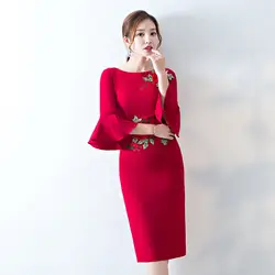 Красный плюс Размеры XXXL китайский невесты Свадебная вечеринка платье 2018 Новый леди с расклешенными рукавами Элегантный Cheongsam Новинка