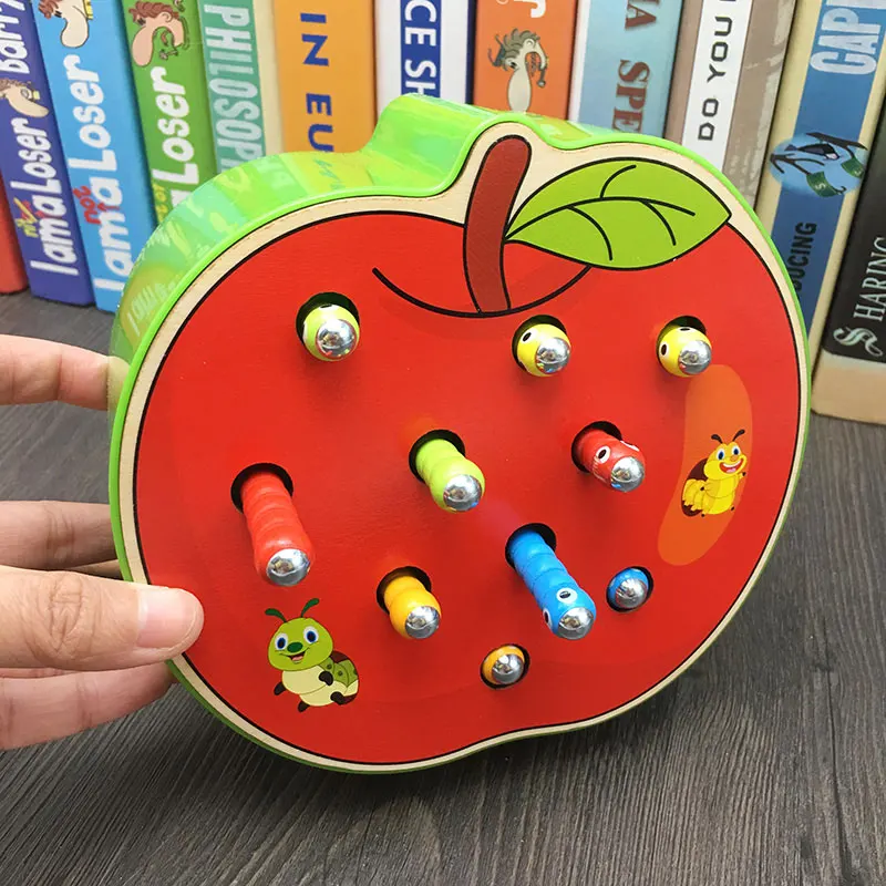 JaheerToy Atch Worms игра Магнитные деревянные игрушки для детей яблоко клубника Монтессори обучающая игрушка для детей 2-3-4 лет - Цвет: Apple