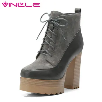 

VINLLE 2020 New Fashion Women Ankle Boots Platform Zipper All Match Winter Boots Square High Heel Women Boots Size 34-42