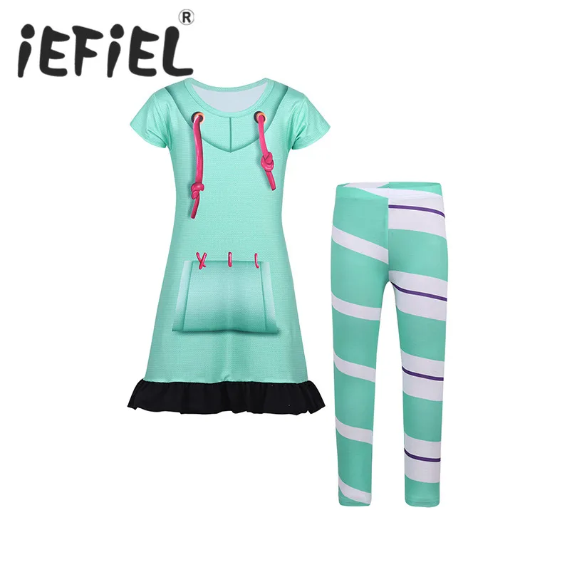 

Kids Girls Vanellope Von Schweetz Dress with Striped Leggings Set Cartoon Dress Up Outfit for Halloween Cosplay Party Costumes