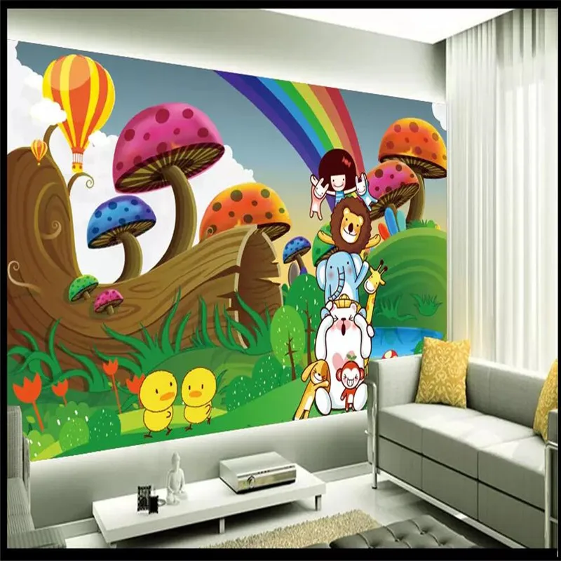 Custom Mural Wallpaper Cartoon Rainbow Sky Mushroom Child Background Wall