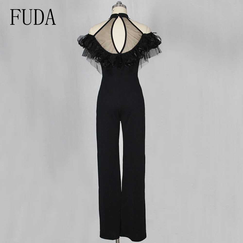FUDA Off Shoulder Sexy Jumpsuit Elegant Halter Lace Ruffles Overalls Clubwear One Piece Long Wide Leg Rompers Womens Jumpsuit