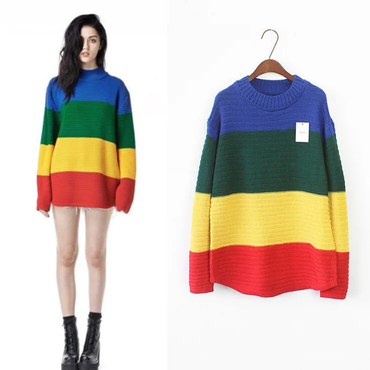 

Rainbow Sweaters Harajuku Stripe Knitted Turtleneck Pullovers Winter Clothes Cotton Long Women Sweater