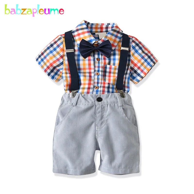 

babzapleume Kids Fashion Suit 2018 Baby Boys Summer Clothes Plaid T-shirt+Shorts+Bow+Strap Casual Children Clothing Set BC1716-1