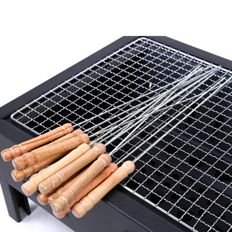 6pcs Barbecue Skewer Stainless Steel Needles Sticker With Wooden Handle