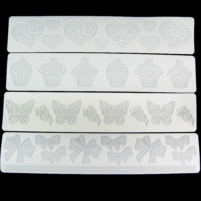

Hot sell 4PCS 39*8CM Heart Cupcake Butterfly Bowknot Silicone Mat Lace Mat Cake Mold Tool embossing fondant Silicone Mold