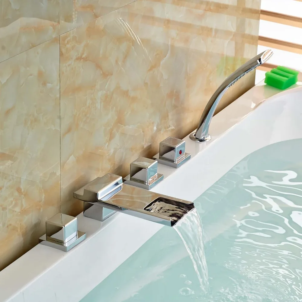 

Polished Chrome Waterfall Spout Roman Tub Filler Faucet 5PCS 3 Handles Deck Mount