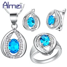 Almei серебро Joyeria комплект De Boda синий ожерелье из розовых кристаллов серьги, кольцо, ювелирные наборы, для свадьбы свадебные Для женщин бижутерия T444