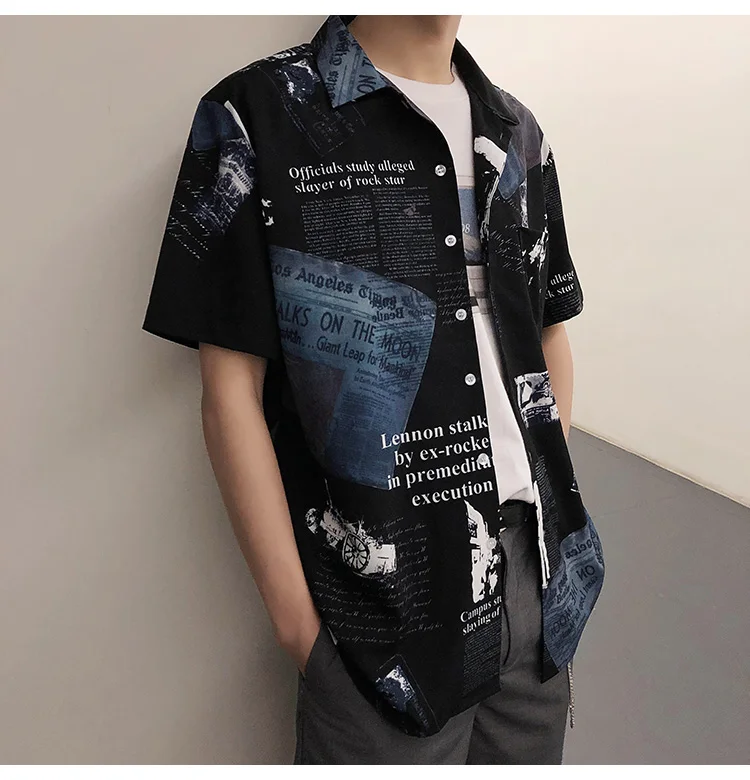 Privathinker Мужская Уличная рубашка с газетным принтом мужские рубашки с коротким рукавом в стиле хип-хоп мужские летние винтажные черные рубашки на пуговицах