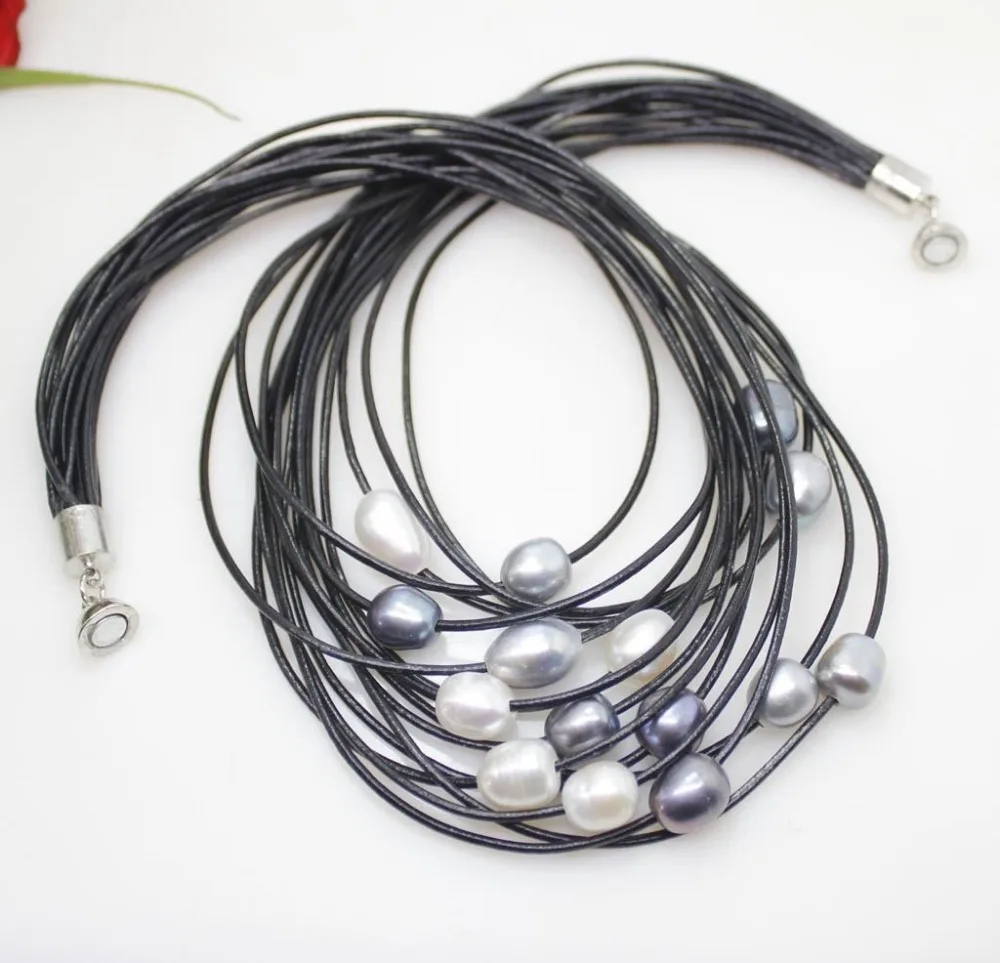 10-12 мм настоящий белый серый чёрный пресноводный жемчуг кулон ожерелье на кожаном шнуре Магнит Застежка модные ювелирные изделия