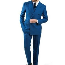 Озеро синий двубортный жениха Смокинги для женихов индивидуальные 3 предмета Мужская Свадебная вечеринка Костюмы Жених дружки костюм куртка+ Брюки для девочек+ жилет